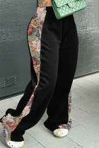 Black Casual Print Patchwork Loose Mid Waist Conventional Patchwork Bottoms