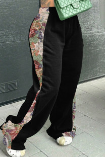 Black Casual Print Patchwork Loose Mid Waist Conventional Patchwork Bottoms
