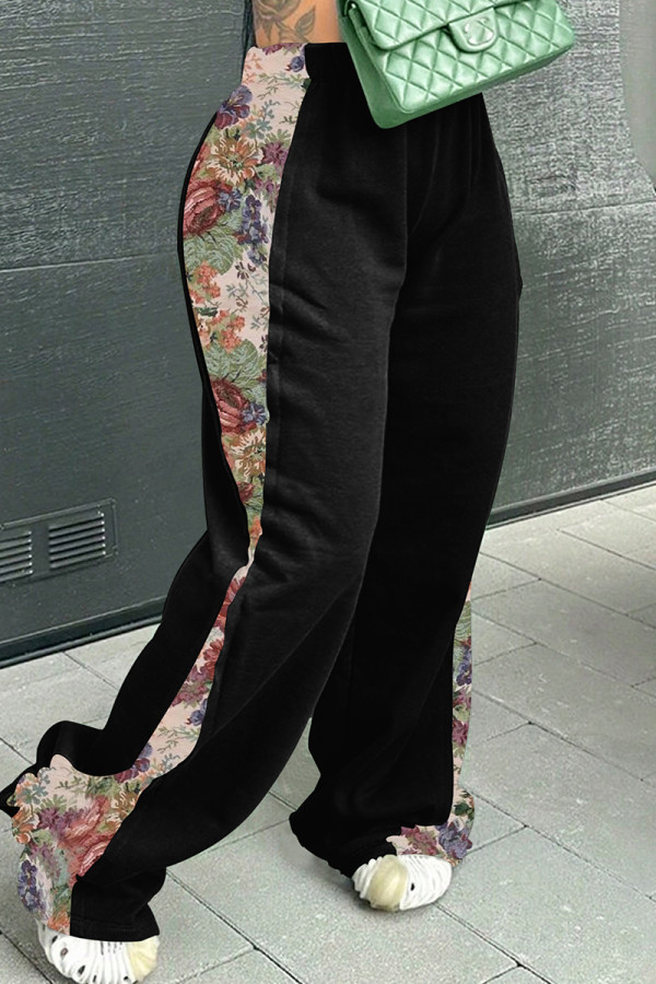 Black Casual Print Patchwork Loose Mid Waist Conventional Patchwork Bottoms