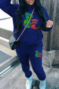 Blue Casual Letters Draw String Pocket Patchwork Hooded Long Sleeve Two Pieces