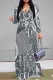Grey Casual Street Letter Print Lace Up Contrast V Neck Printed Dresses