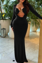 Black Elegant Solid Color Patchwork Asymmetrical Collar Long Dresses