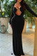 Black Elegant Solid Color Patchwork Asymmetrical Collar Long Dresses