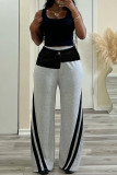 Grey Casual Pocket Buttons Patchwork Zipper Contrast Loose Mid Waist Wide Leg Patchwork Bottoms