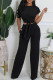 Black Casual Solid Color Pocket Patchwork Strap Design O Neck Short Sleeve Two Pieces