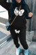Black Casual Print Draw String Pocket Patchwork Hooded Long Sleeve Two Pieces