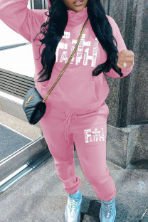 Pink Casual Letters Draw String Pocket Patchwork Hooded Long Sleeve Two Pieces