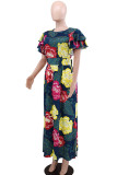 Multicolor Elegant Print Patchwork Slit Ruffled Trim O Neck Long Dresses