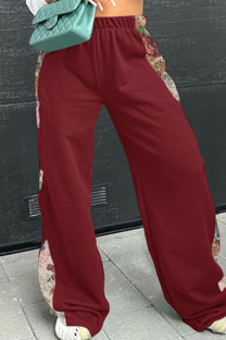 Burgundy Casual Print Patchwork Loose Mid Waist Conventional Patchwork Bottoms
