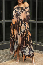 Orange Casual Street Camouflage Print Snakeskin Print Pocket Irregular Contrast O Neck Irregular Dresses