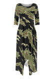 Orange Casual Street Camouflage Print Snakeskin Print Pocket Irregular Contrast O Neck Irregular Dresses