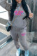 Grey Casual Letters Draw String Pocket Patchwork Hooded Long Sleeve Two Pieces