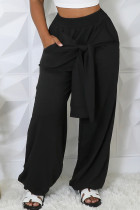 Black Casual Solid Color Pocket Patchwork Strap Design Loose Mid Waist Conventional Patchwork Bottoms