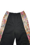 Black Casual Print Patchwork Loose Mid Waist Conventional Patchwork Bottoms
