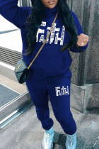 Blue Casual Letters Draw String Pocket Patchwork Hooded Long Sleeve Two Pieces