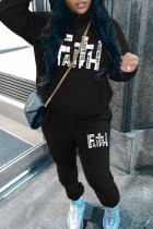 Black Casual Letters Draw String Pocket Patchwork Hooded Long Sleeve Two Pieces