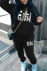 Black Casual Letters Draw String Pocket Patchwork Hooded Long Sleeve Two Pieces