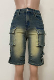 Blue Yellow Casual Pocket Buttons Patchwork Zipper Mid Waist Straight Denim Shorts