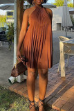 Brown Sexy Solid Color Patchwork Backless O Neck Long Dresses