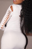 White Sexy Solid Color Hollow Out Patchwork U Neck Long Sleeve Two Pieces