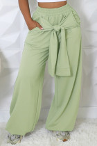 Matcha Green Casual Solid Color Pocket Patchwork Strap Design Loose Mid Waist Conventional Patchwork Bottoms