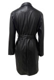 Black Casual Solid Color Buttons Patchwork With Belt Turndown Collar Outerwear
