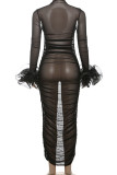 Black Sexy Solid Color Patchwork See-Through Mesh O Neck Long Dresses