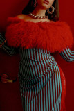 Red Sexy Stripe Lace Patchwork Backless Off Shoulder Long Dresses