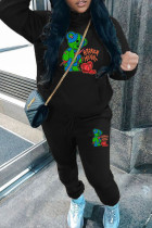 Black Casual Letters Draw String Pocket Patchwork Hooded Long Sleeve Two Pieces