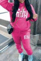 Rose Red Casual Letters Draw String Pocket Patchwork Hooded Long Sleeve Two Pieces
