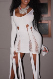 White Sexy Solid Color Hollow Out Patchwork U Neck Long Sleeve Two Pieces