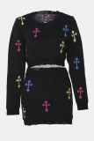 Black Casual Geometric Print Patchwork O Neck Long Sleeve Two Pieces