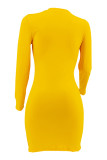 Yellow Casual Solid Color Patchwork O Neck Wrapped Skirt Dresses