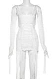 White Sexy Solid Color Hollow Out Patchwork U Neck Long Sleeve Two Pieces