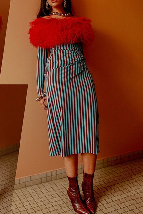 Red Sexy Stripe Lace Patchwork Backless Off Shoulder Long Dresses