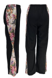 Black Casual Print Patchwork Loose Mid Waist Conventional Patchwork Bottoms