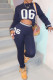 Deep Blue Casual Letters Patchwork Contrast O Neck Long Sleeve Two Pieces