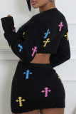 Black Casual Geometric Print Patchwork O Neck Long Sleeve Two Pieces
