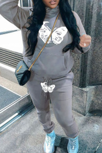 Grey Casual Print Draw String Pocket Patchwork Hooded Long Sleeve Two Pieces