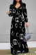 Black And White Casual Street Letter Print Lace Up Contrast V Neck Printed Dresses