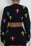 Black Casual Geometric Print Patchwork O Neck Long Sleeve Two Pieces