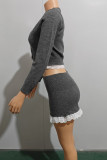 Grey Casual Solid Color Buttons Patchwork Deep V Neck Long Sleeve Two Pieces