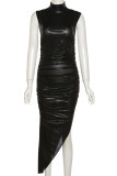 Black Sexy Solid Color Patchwork Turtleneck Irregular Dresses