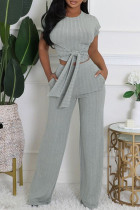 Grey Casual Solid Color Pocket Patchwork Strap Design O Neck Short Sleeve Two Pieces