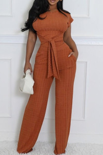 Brown Casual Solid Color Pocket Patchwork Strap Design O Neck Short Sleeve Two Pieces