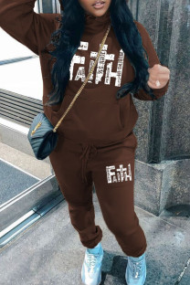 Brown Casual Letters Draw String Pocket Patchwork Hooded Long Sleeve Two Pieces