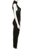 Black Sexy Solid Color Patchwork Turtleneck Irregular Dresses