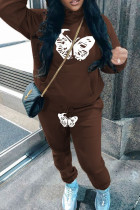 Brown Casual Print Draw String Pocket Patchwork Hooded Long Sleeve Two Pieces