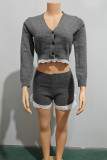 Grey Casual Solid Color Buttons Patchwork Deep V Neck Long Sleeve Two Pieces