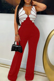 Red Casual Patchwork Backless Zipper Contrast Asymmetrical Collar Regular Jumpsuits